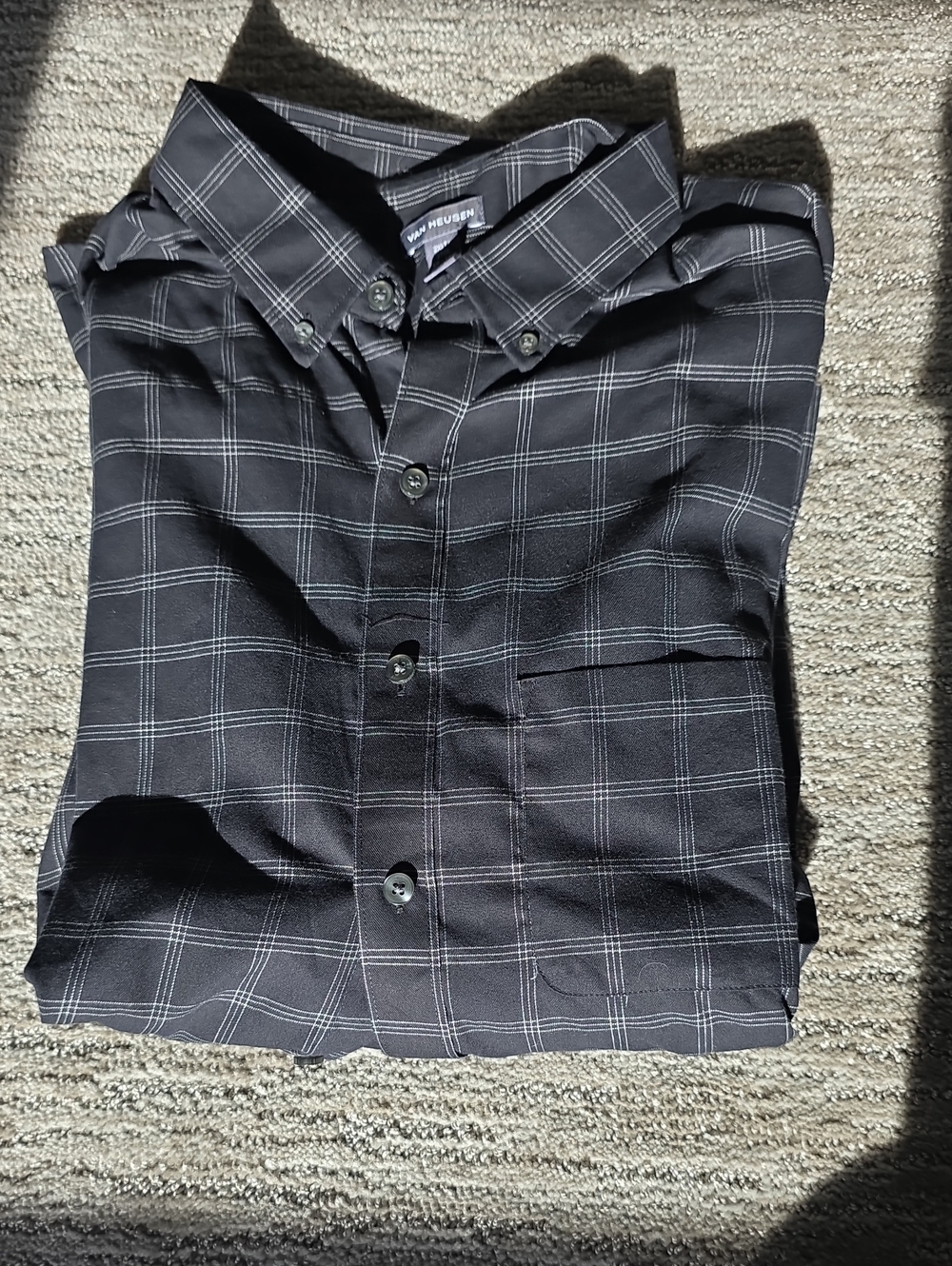 Van Heusen Men's Black Plaid Button-Down Shirt with White Windowpane